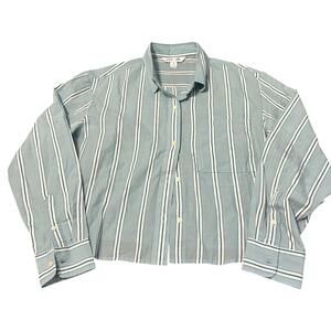 Old Navy Women’s Long Sleeve Cropped Button Up Shirt Medium Blue White Striped